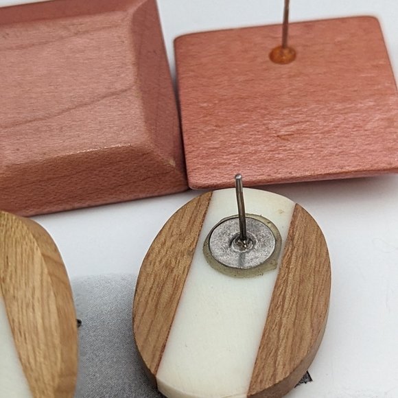 Vintage Wooden Pierced Earrings Fabulous 1970's Post Geometric One is Bone-Wood - Picture 7 of 7